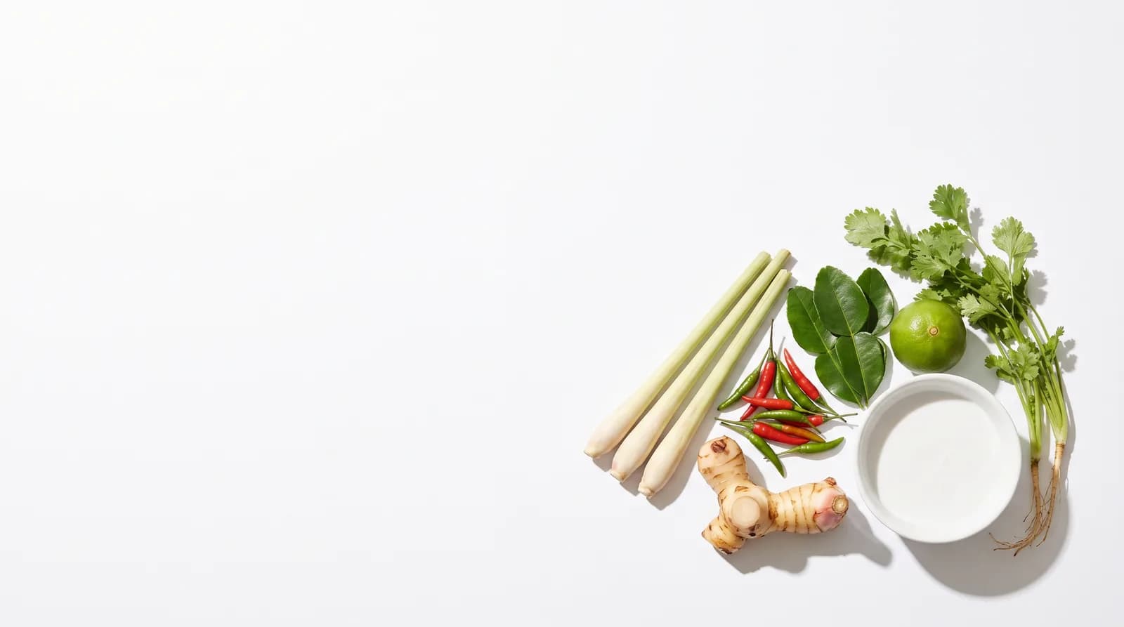 Hierba limón, galanga, chiles ojo de pájaro, hoja de limón kaffir, cilantro y leche de coco.