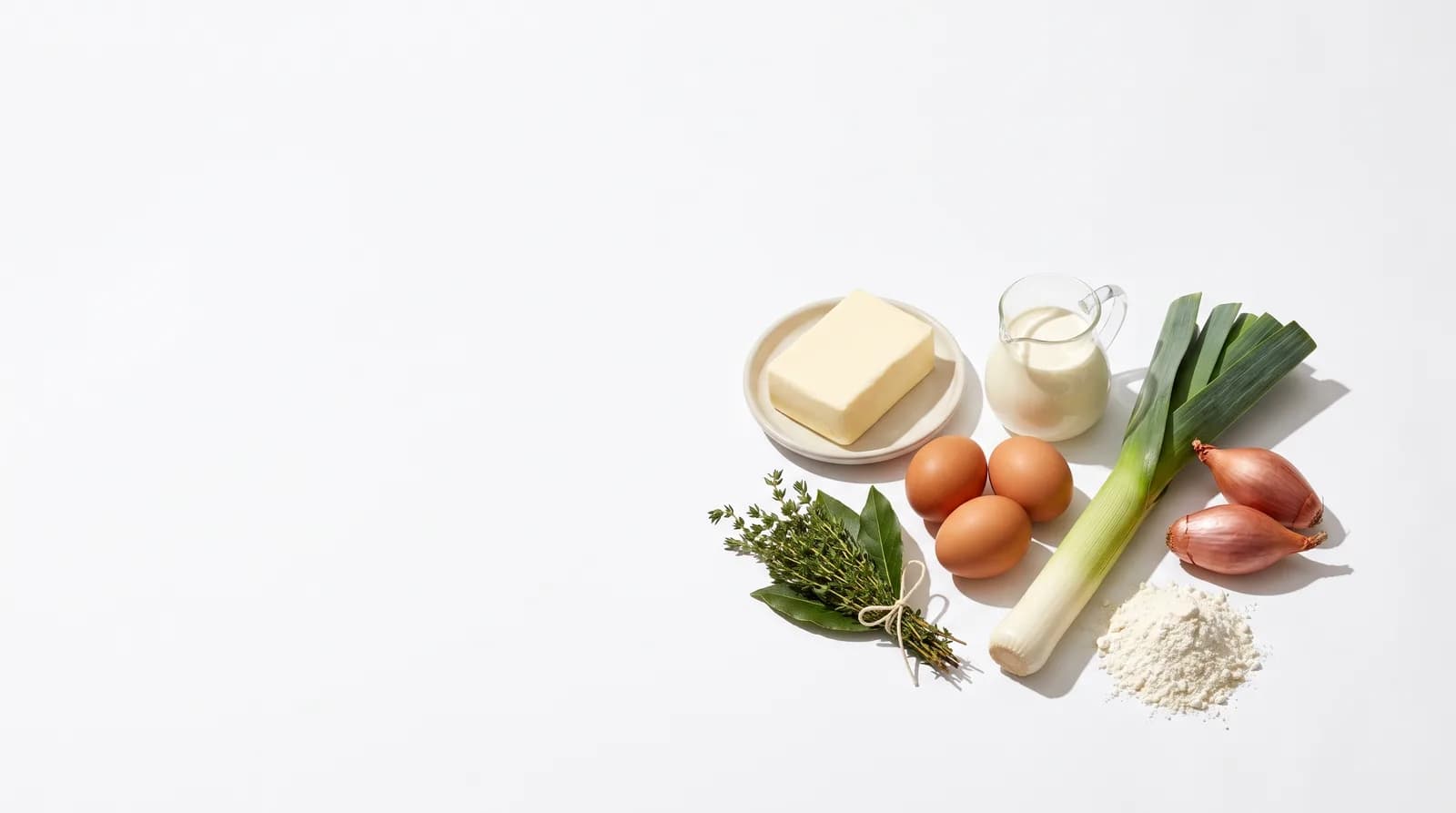 Mantequilla, huevos, crema, un atado de tomillo y laurel, poro, chalotes y harina.